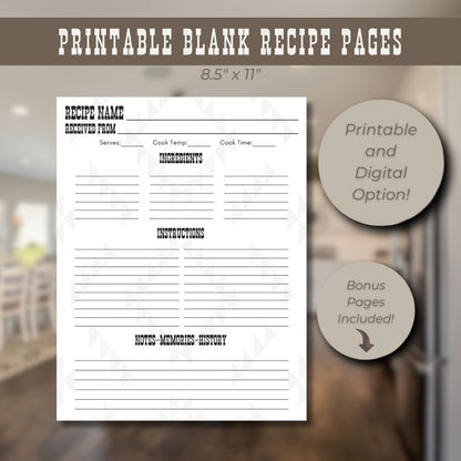 Printable 8.5x11 Blank Recipe Pages - Western Edition - Bonus Pages Included - PDF Format