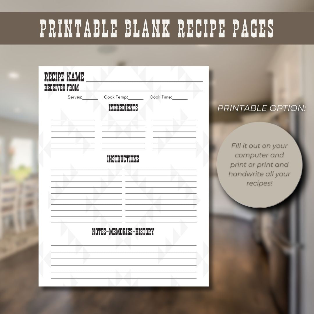 Printable 8.5x11 Blank Recipe Pages - Western Edition - Bonus Pages Included - PDF Format