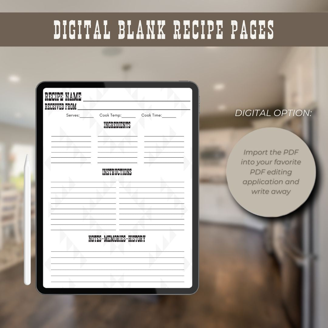 Printable 8.5x11 Blank Recipe Pages - Western Edition - Bonus Pages Included - PDF Format